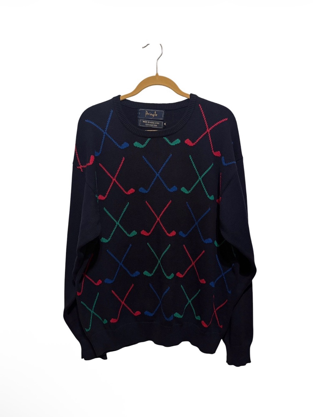 Pringle Navy Crewneck Sweater with Red, Green & Blue Golf Motif